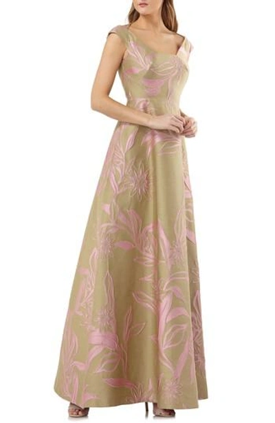 Kay Unger Extended Sleeve Floral Jacquard Gown In Rose Multi
