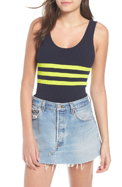 Kendall + Kylie Striped Ribbed Sleeveless Bodysuit In Navy