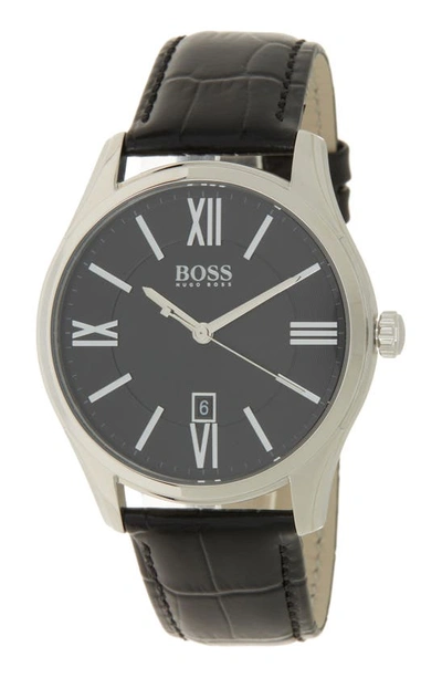 Hugo Boss Ambassador Croc Embossed Leather Strap Watch, 43mm In Black