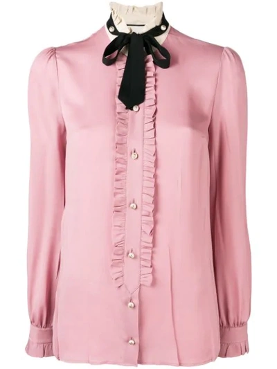 Gucci Tie Neck Ruffle Detail Silk Blouse In Pink