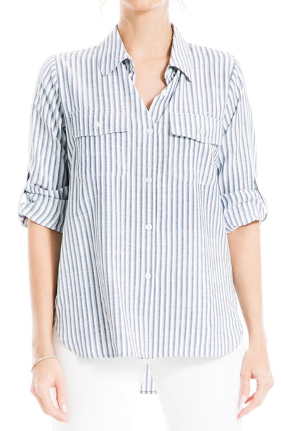 Max Studio Stripe Roll Tab Button-up Utility Shirt In Indtps11-indigo Tipping Stripe