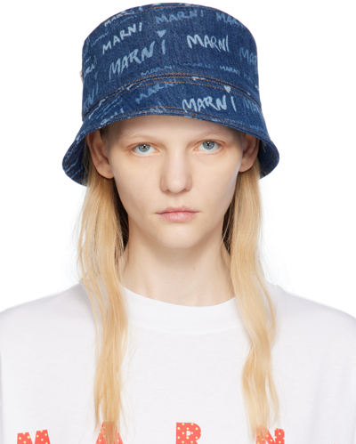 Marni Logo-print Washed-denim Bucket Hat In Blue