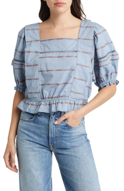 Treasure & Bond Embroidered Eyelet Puff Sleeve Top In Blue Cottage Stripe
