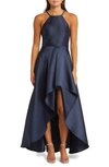 Lulus Broadway Show Satin High-low Gown In Navy Blue