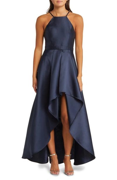 Lulus Broadway Show Satin High-low Gown In Navy Blue