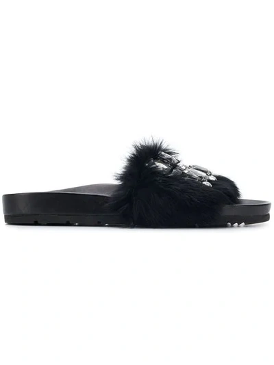 Kennel & Schmenger Fur And Gemstone Strap Slides In Black