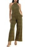 Nina Leonard Twisted Halter Neck Jumpsuit In Black/ Yellow Multi