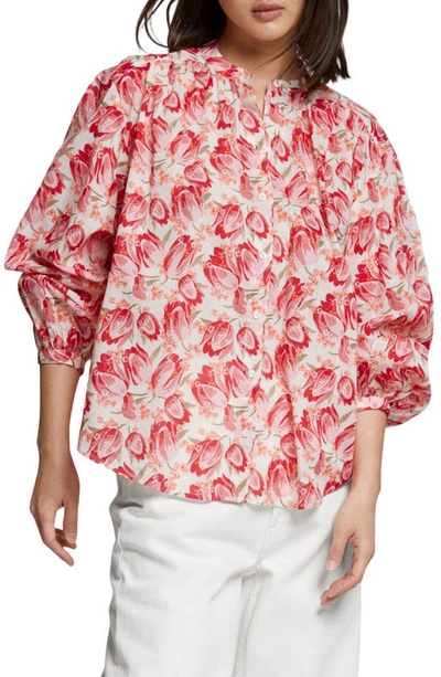 & Other Stories Tulip Print Cotton Top In White Red/pink Flower Luma