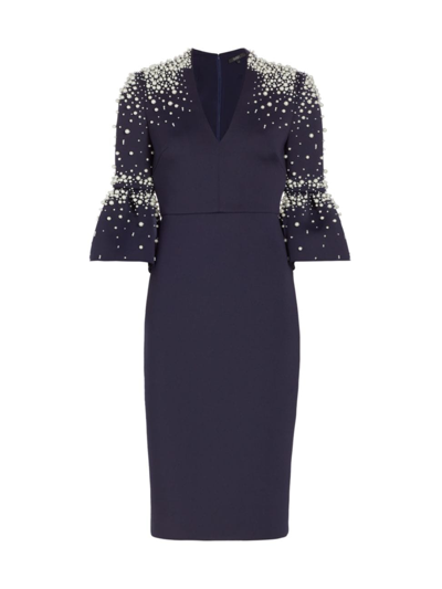 Badgley Mischka Pearly Bell-sleeve Scuba Midi Dress In Navy Ivory | ModeSens