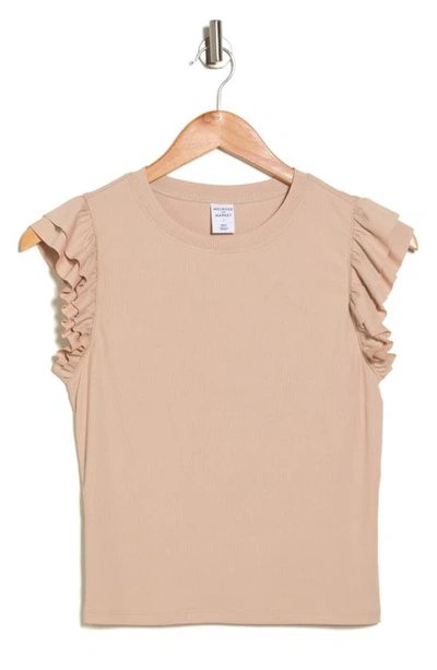Melrose And Market Ruffle Sleeve Rib Knit Top In Beige Burnt