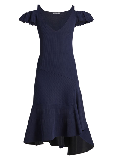 Jw Anderson Ruffle Cold-shoulder Rib Knit Midi Dress In Blue
