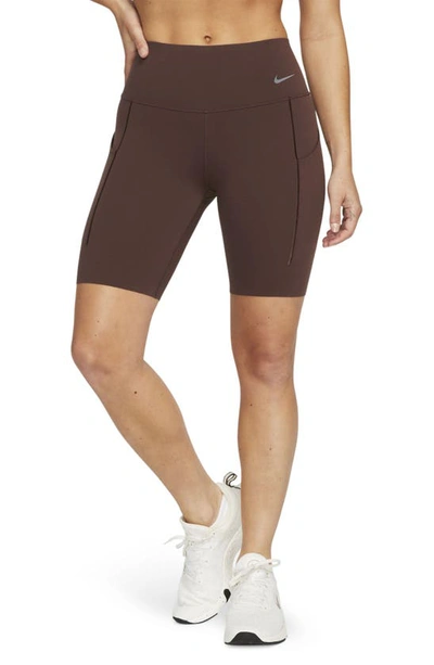 Nike Women's Universa Medium-support Mid-rise 8" Biker Shorts With Pockets In Earth/black
