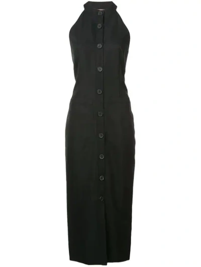 Adam Lippes Sleeveless Halter Button-front Gabardine Wool Midi Dress In Black