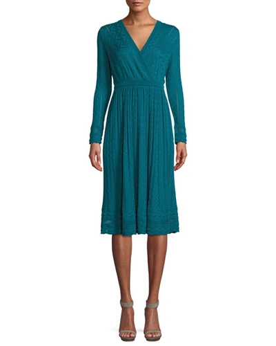 M Missoni Long-sleeve Textured Knit A-line Dress In Teal