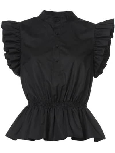 Adam Lippes Button-front Cotton Poplin Peplum Top W/ Ruffle Sleeves In Black