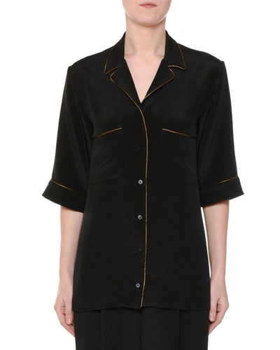 Stella Mccartney Short-sleeve Button-front Silk Pajama Top In Black