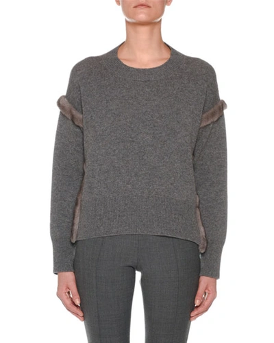 Agnona Cashmere Sweater With Mink Fur Ribbon Details, Gray