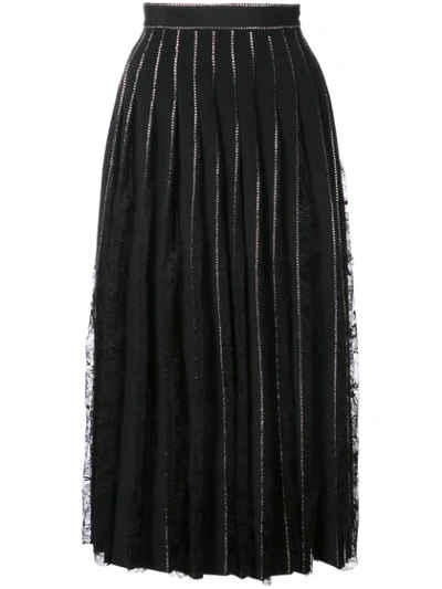 Adam Lippes Crystal-embroidered Pleated Silk Crepe A-line Skirt W/ Lace In Black ,metallic