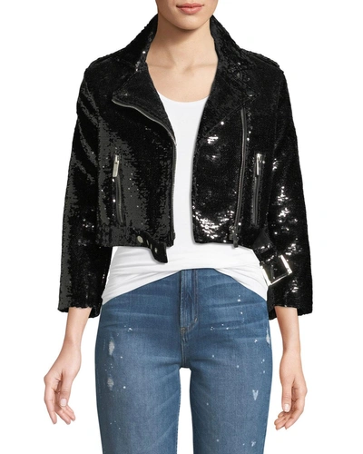 Nour Hammour Sequined Cropped Biker Jacket In Black