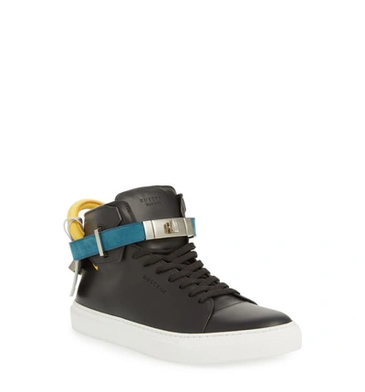 Buscemi Men's 100mm Tricolor Leather Turn-lock Mid-top Sneakers In Black Tri