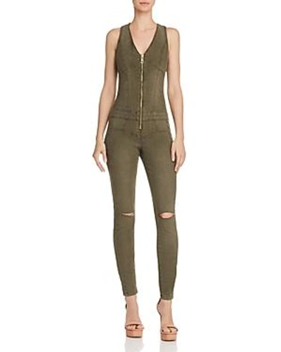 Guess Maxine Ripped Zip-up Denim Jumpsuit In Forest Green