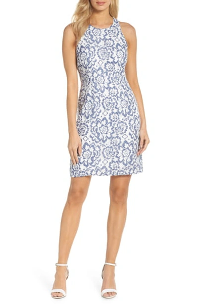 Adrianna Papell Floral Lace Racerback Sheath Dress In Blue/white