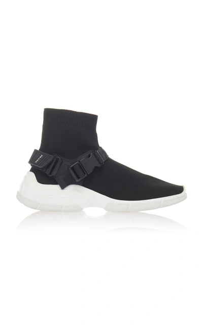 Prada Buckled Rubber-trimmed Stretch-knit Sneakers In Black