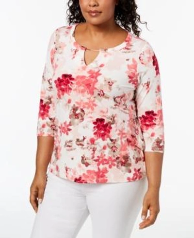 Calvin Klein Plus Size Printed Keyhole Top, Created For Macy's In Porcelain Rose Combo