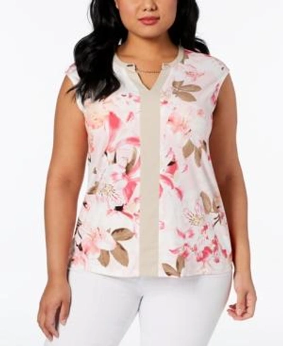 Calvin Klein Plus Size Printed Chain-neck Top In White/latte