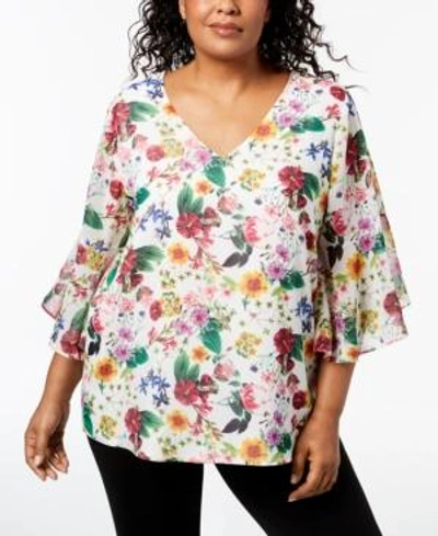 Calvin Klein Plus Size Printed Bell-sleeve Tunic, Created For Macy's In White