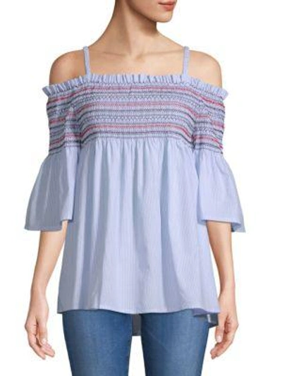 Chelsea & Theodore Cold-shoulder Smocked Cotton Top In White Blue