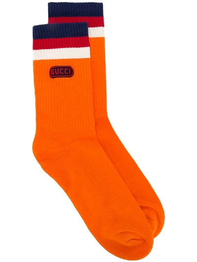 Gucci Men's Game-patch Cotton-blend Socks With Web Cuff, Orange