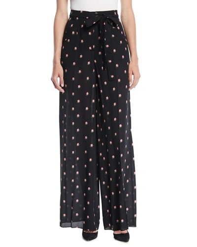 Valentino Rosebud-print Wide-leg Silk Pajama Pants In Black Pattern