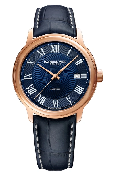 Raymond Weil Maestro Automatic Leather Strap Watch, 40mm In Blue/ Rose Gold