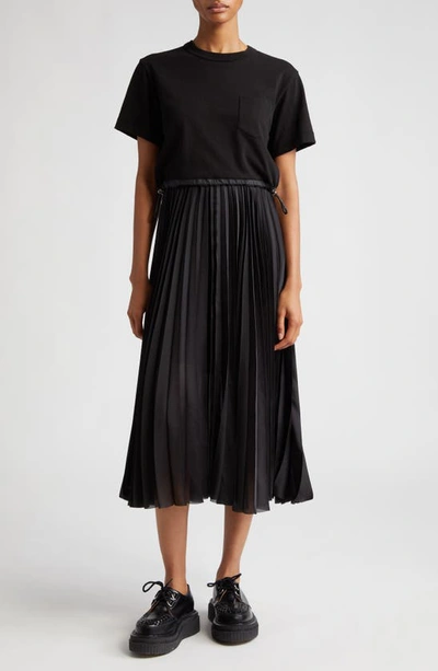 Sacai T-shirt Top Pleated Short-sleeve Midi Dress In Black