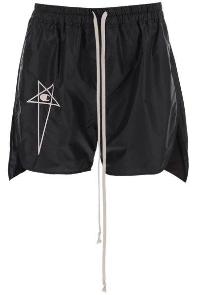 Rick Owens Logo Motif Patch Drawstring Shorts In Black