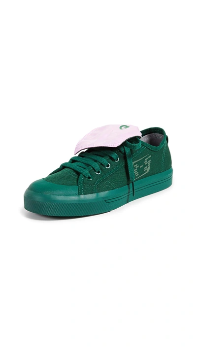 Adidas Originals Raf Simons Spirit Low Asymmetrical Tongue Sneakers In Dark Green/pink