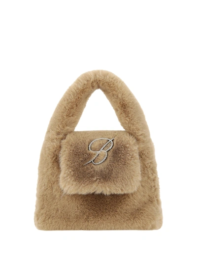 Blumarine Logo Embellished Faux Fur Top Handle Bag In Camel