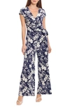 Maggy London Floral Cap Sleeve Wrap Tie Jumpsuit In Navy/ Ivory