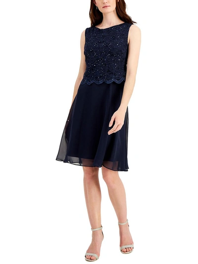 Connected Apparel Womens Lace Overlay Knee-length Fit & Flare Dress In Blue