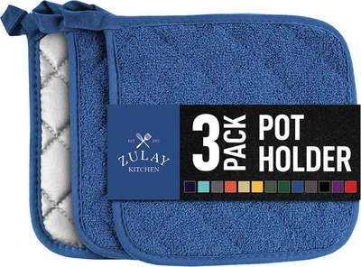 Zulay Kitchen 3-pack Pot Holders For Kitchen Heat Resistant Cotton In Blue