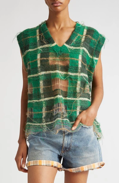 Maison Margiela Distressed Check Vest In Green