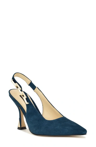 Nine West Veroni Slingback Pointed Toe Pump In Dark Teal Blue Suede