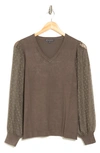 Adrianna Papell V-neck Clip Dot Sleeve Sweater In Fatigue