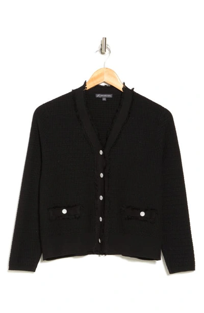 Adrianna Papell Frayed Waffle Knit Cardigan In Black