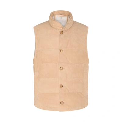 Brunello Cucinelli Quilted Suede Buttoned-up Gilet In Beige