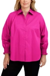 Foxcroft Olivia Smocked Cuff Cotton Blend Button-up Shirt In Azalea