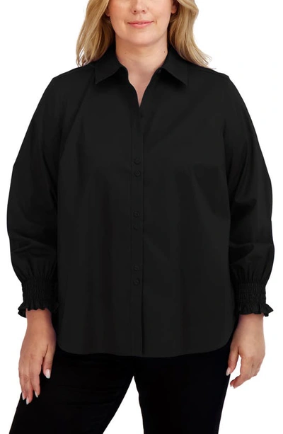 Foxcroft Olivia Smocked Cuff Cotton Blend Button-up Shirt In Black