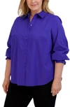 Foxcroft Olivia Smocked Cuff Cotton Blend Button-up Shirt In Blue Iris