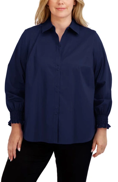 Foxcroft Olivia Smocked Cuff Cotton Blend Button-up Shirt In Navy